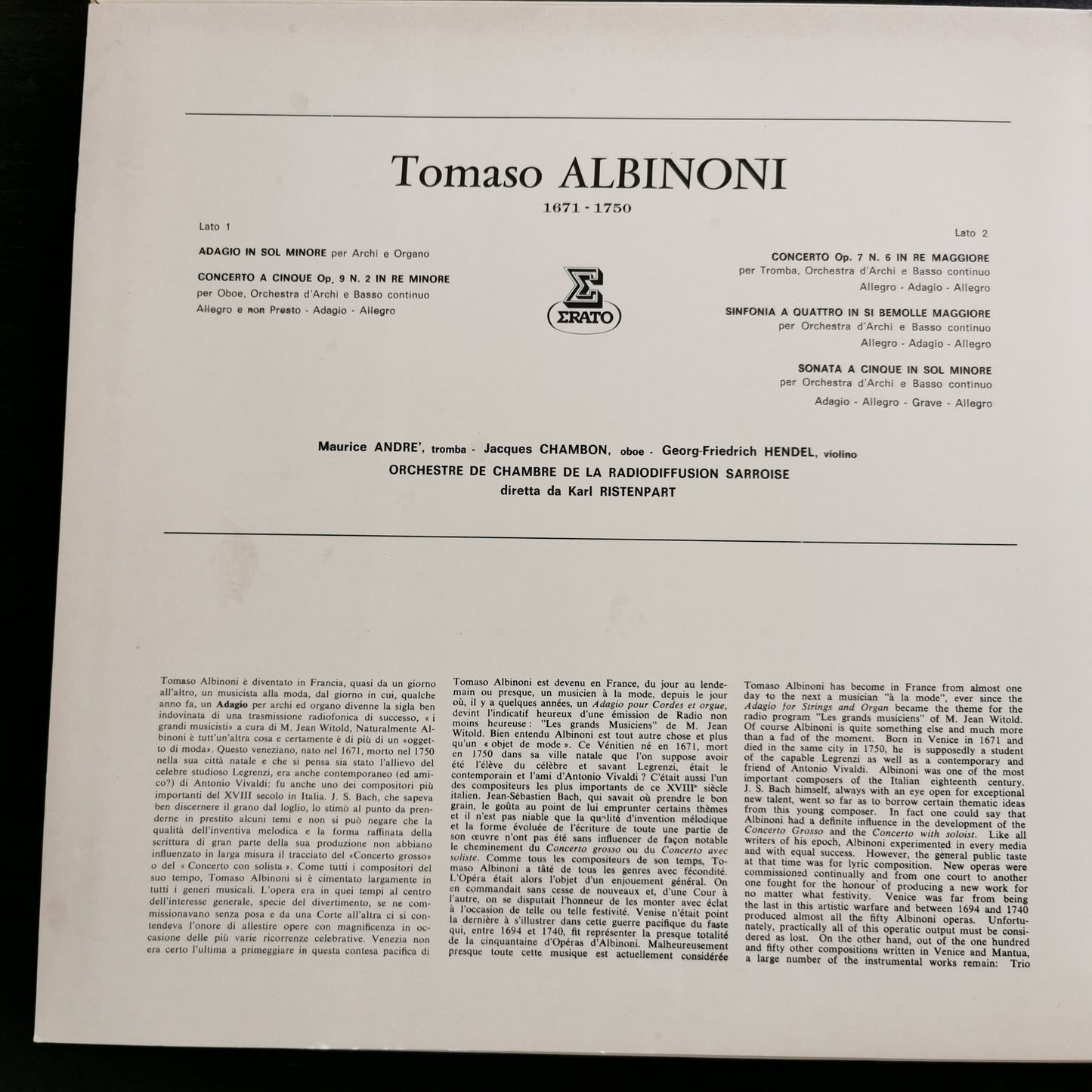 Albinoni – Adagio in Sol Minore per Archi e Organo / Concerti e Sinfonie (LP)