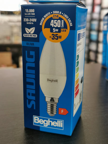 Beghelli 56980 – Lampadina LED Oliva E14 5W 3000K Luce Calda