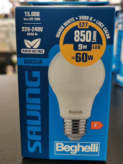 Beghelli 56960 – Lampada LED E27 9W Goccia 3000K Luce Calda